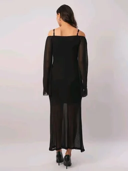 Women Shoulder Straps
Slit Sleeve Applique Net Maxi Dress - M, Black