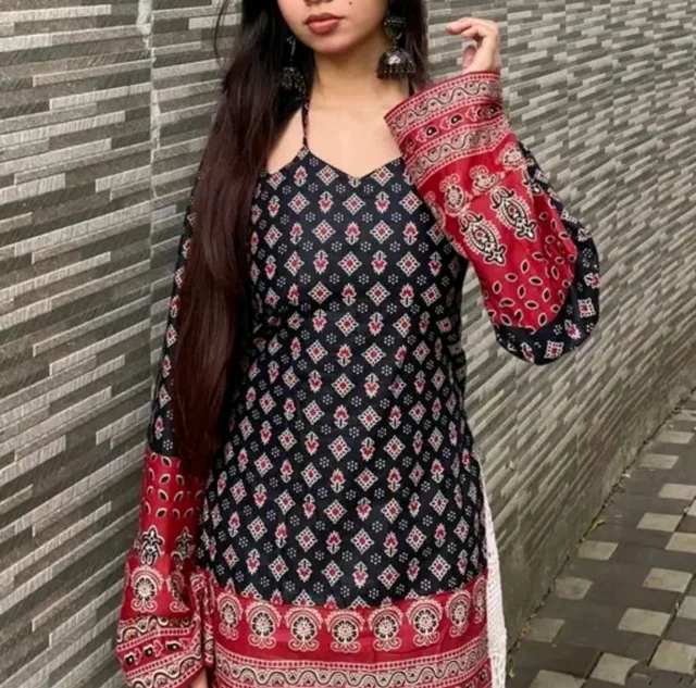 Women Rayon Printed Kurta, Red, Bell Sleeve, Adjustable Back Tie-Up, Casual Daily & Ethnic Wear, Summer TunicWomen Rayon Printed Kurta, Red, Bell Sleeve, Adjustable Back Tie-Up, Casual Daily & Ethnic We - L, Black