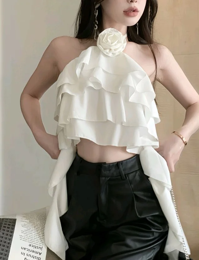 Floral Layered Ruffle Top - L, White