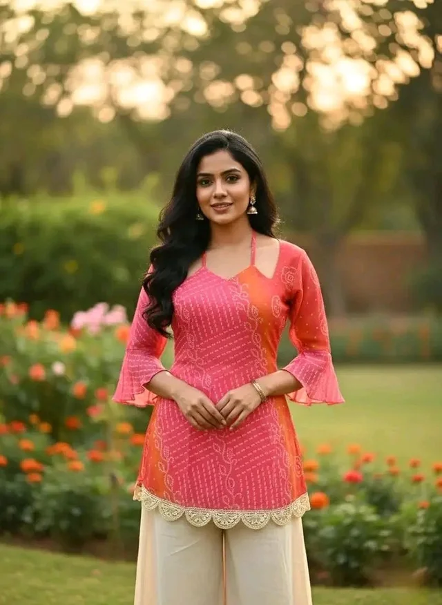 Kesari Bandhei Faux Georgette Kurti - L, Mandy
