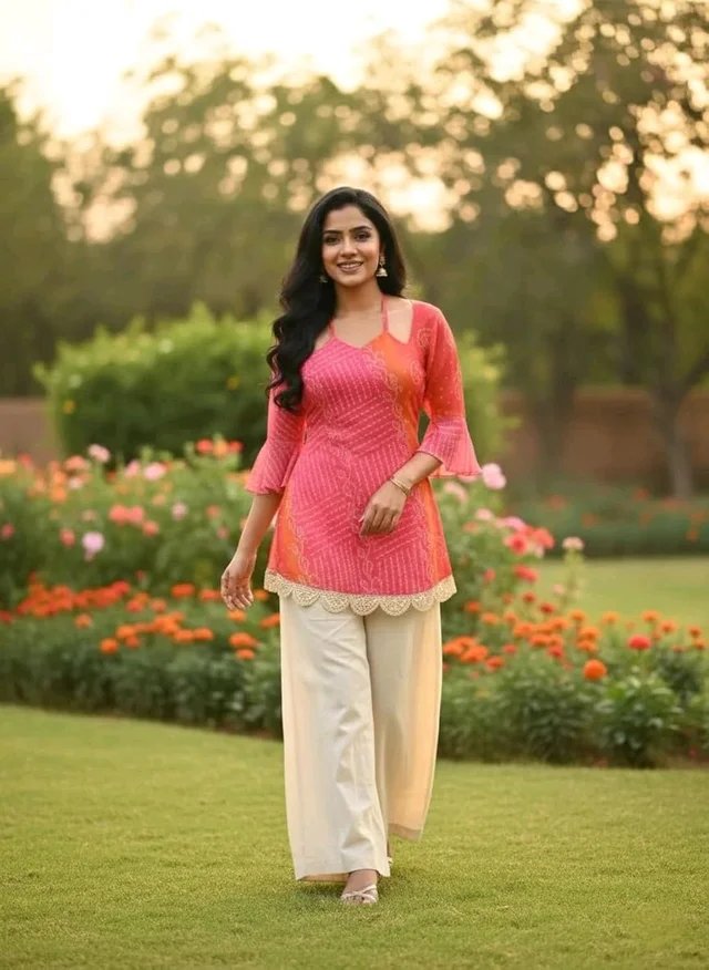 Kesari Bandhei Faux Georgette Kurti - L, Mandy