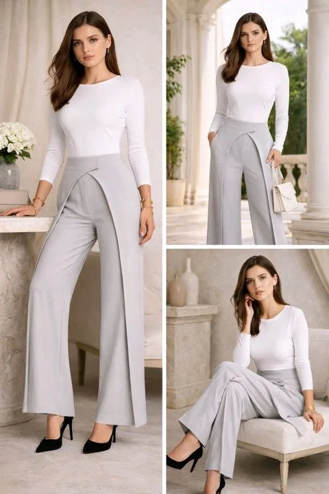 Women Loose Fit Beige Lycra Blend Trousers
- L, Light Grey