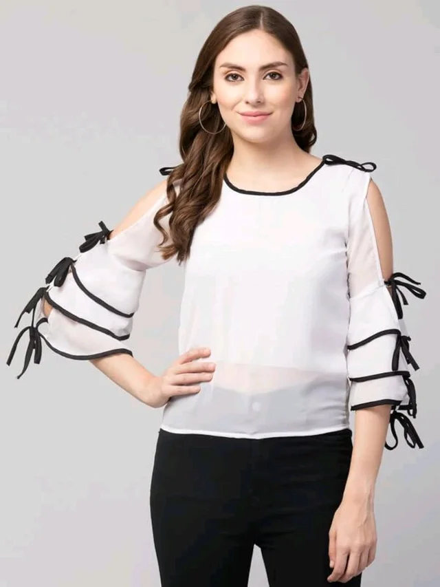 Women's top for Summer Georgette Dori Design in Cap Sleeve Casual Top for Women/Girls Top - L, White