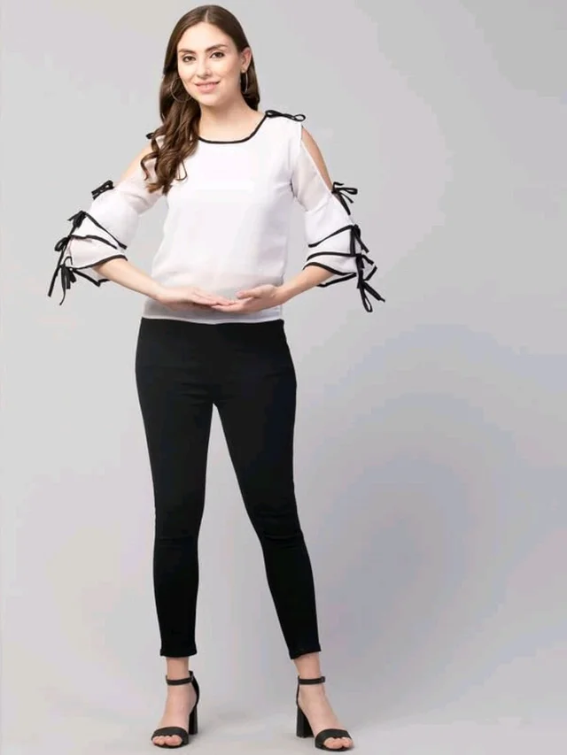 Women's top for Summer Georgette Dori Design in Cap Sleeve Casual Top for Women/Girls Top - L, White
