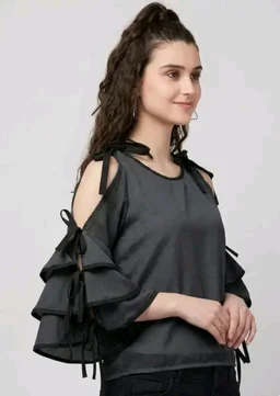 Women's top for Summer Georgette Dori Design in Cap Sleeve Casual Top for Women/Girls Top - L, Black