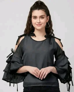 Women's top for Summer Georgette Dori Design in Cap Sleeve Casual Top for Women/Girls Top - L, Black