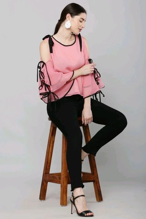 Women's top for Summer Georgette Dori Design in Cap Sleeve Casual Top for Women/Girls Top - M, Pink