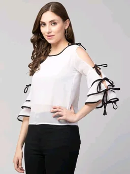 Women's top for Summer Georgette Dori Design in Cap Sleeve Casual Top for Women/Girls Top - M, White