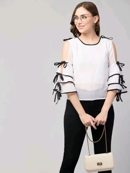 Women's top for Summer Georgette Dori Design in Cap Sleeve Casual Top for Women/Girls Top - M, White