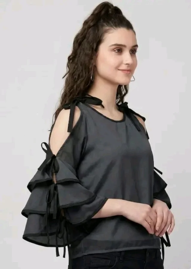 Women's top for Summer Georgette Dori Design in Cap Sleeve Casual Top for Women/Girls Top - M, Black
