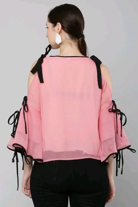 Women's top for Summer Georgette Dori Design in Cap Sleeve Casual Top for Women/Girls Top - S, Pink