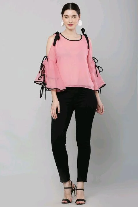 Women's top for Summer Georgette Dori Design in Cap Sleeve Casual Top for Women/Girls Top - S, Pink