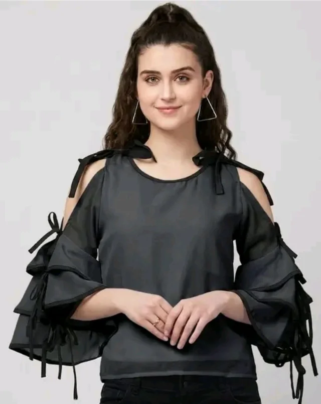Women's top for Summer Georgette Dori Design in Cap Sleeve Casual Top for Women/Girls Top - S, Black