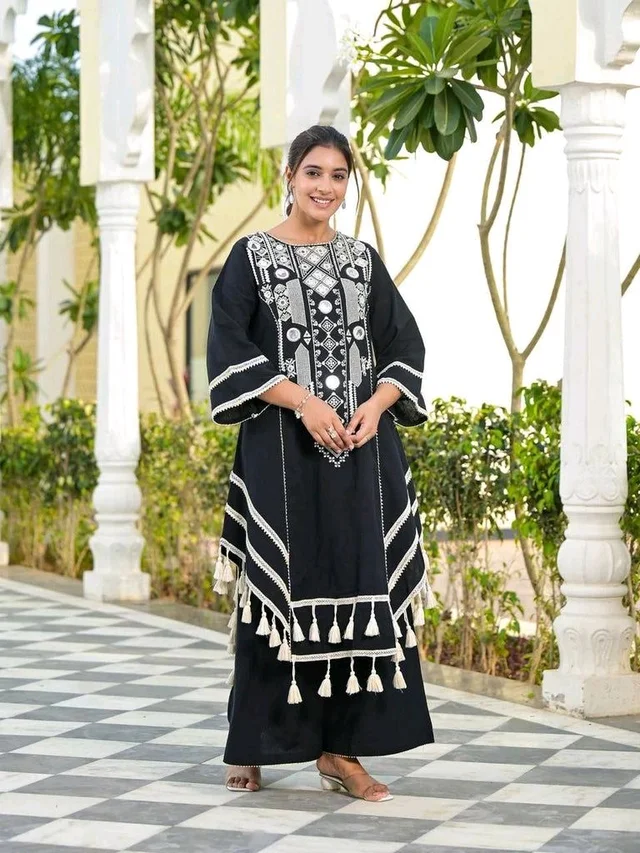 Black Elegant Reyon Cotton Top & Plazo Set with Real Mirror Work and Fancy Lace Latkan
- L, Black