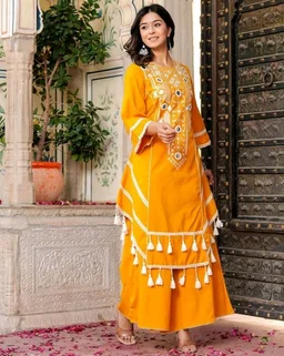Black Elegant Reyon Cotton Top & Plazo Set with Real Mirror Work and Fancy Lace Latkan
- L, Yellow