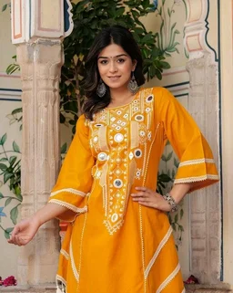 Black Elegant Reyon Cotton Top & Plazo Set with Real Mirror Work and Fancy Lace Latkan
- L, Yellow