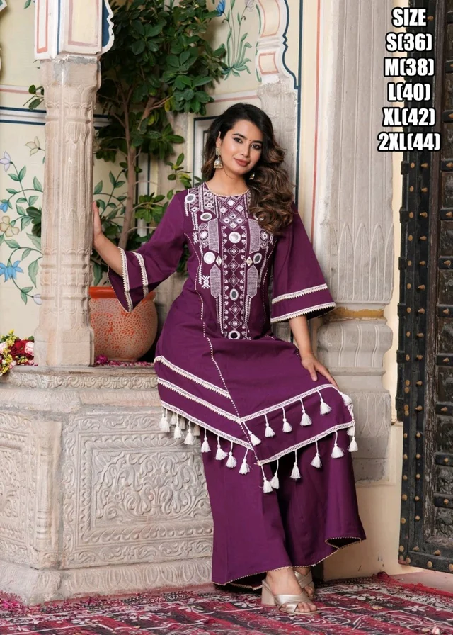 Black Elegant Reyon Cotton Top & Plazo Set with Real Mirror Work and Fancy Lace Latkan
- L, Wine