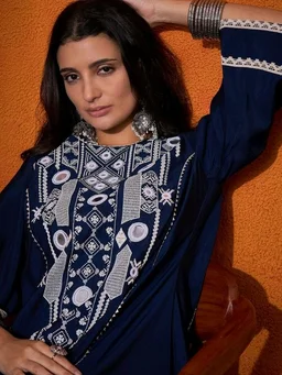 Black Elegant Reyon Cotton Top & Plazo Set with Real Mirror Work and Fancy Lace Latkan
- L, Blue