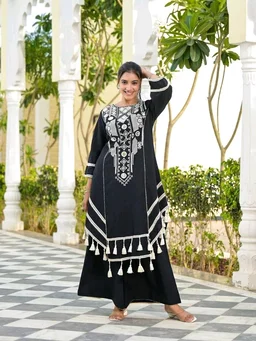 Black Elegant Reyon Cotton Top & Plazo Set with Real Mirror Work and Fancy Lace Latkan
- M, Black