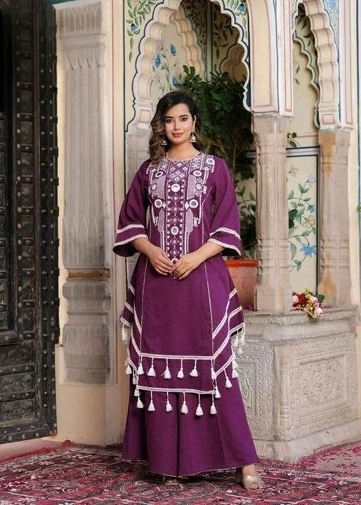 Black Elegant Reyon Cotton Top & Plazo Set with Real Mirror Work and Fancy Lace Latkan
- M, Wine