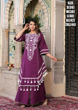 Black Elegant Reyon Cotton Top & Plazo Set with Real Mirror Work and Fancy Lace Latkan
- M, Wine