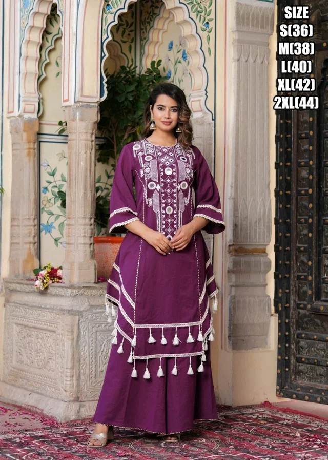 Black Elegant Reyon Cotton Top & Plazo Set with Real Mirror Work and Fancy Lace Latkan
- M, Wine