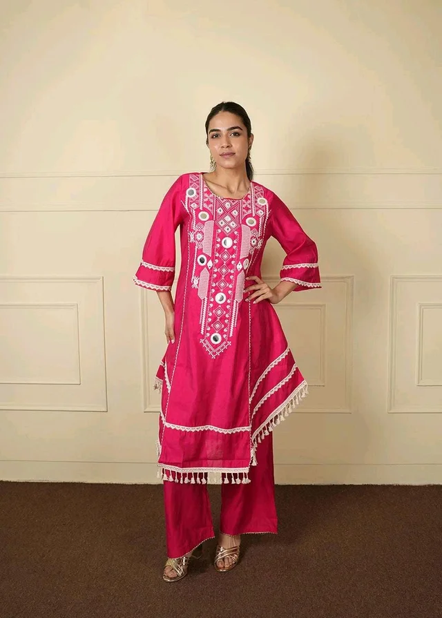 Black Elegant Reyon Cotton Top & Plazo Set with Real Mirror Work and Fancy Lace Latkan
- M, Pink