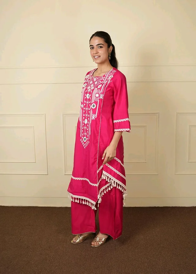 Black Elegant Reyon Cotton Top & Plazo Set with Real Mirror Work and Fancy Lace Latkan
- M, Pink