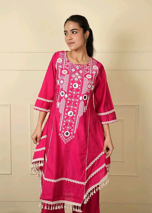 Black Elegant Reyon Cotton Top & Plazo Set with Real Mirror Work and Fancy Lace Latkan
- M, Pink