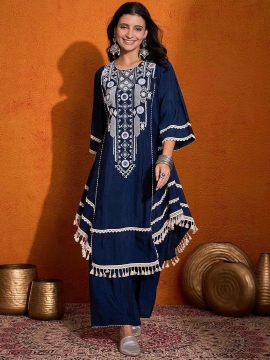 Black Elegant Reyon Cotton Top & Plazo Set with Real Mirror Work and Fancy Lace Latkan
- M, Blue