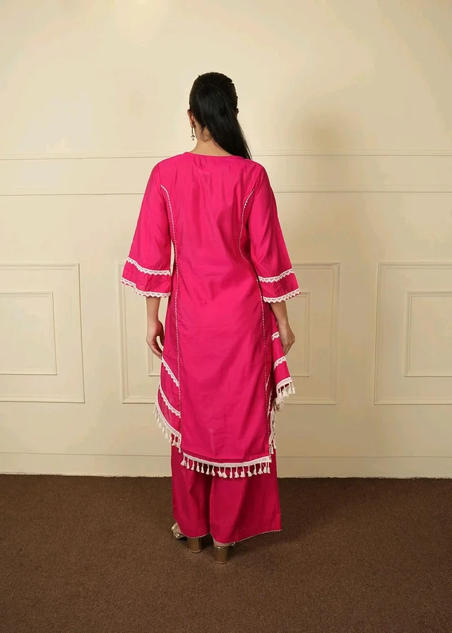 Black Elegant Reyon Cotton Top & Plazo Set with Real Mirror Work and Fancy Lace Latkan
- S, Pink