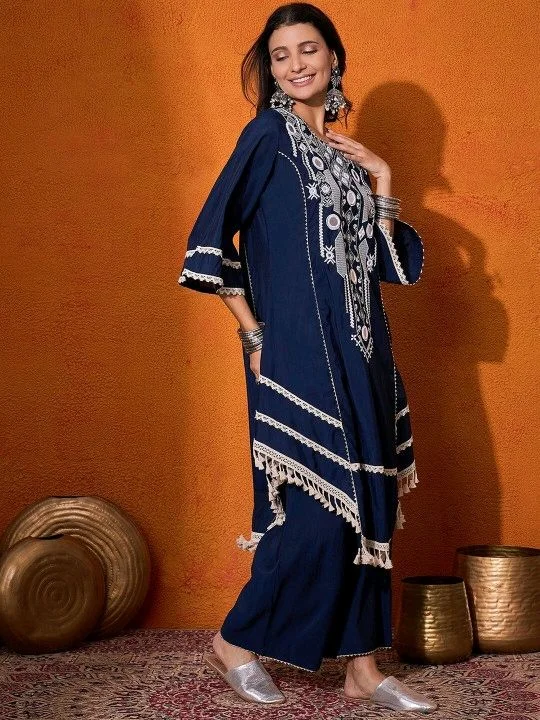 Black Elegant Reyon Cotton Top & Plazo Set with Real Mirror Work and Fancy Lace Latkan
- S, Blue