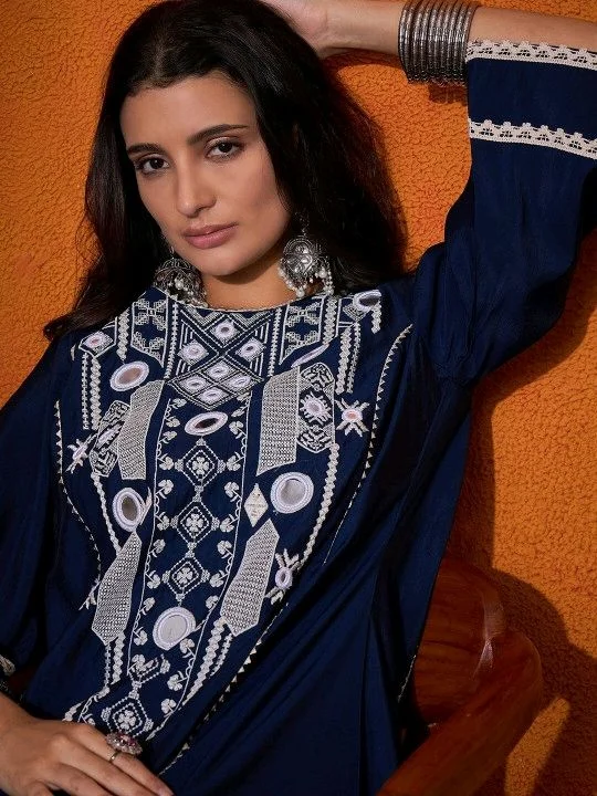 Black Elegant Reyon Cotton Top & Plazo Set with Real Mirror Work and Fancy Lace Latkan
- S, Blue