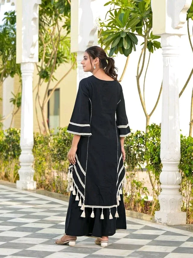 Black Elegant Reyon Cotton Top & Plazo Set with Real Mirror Work and Fancy Lace Latkan
- XL, Black