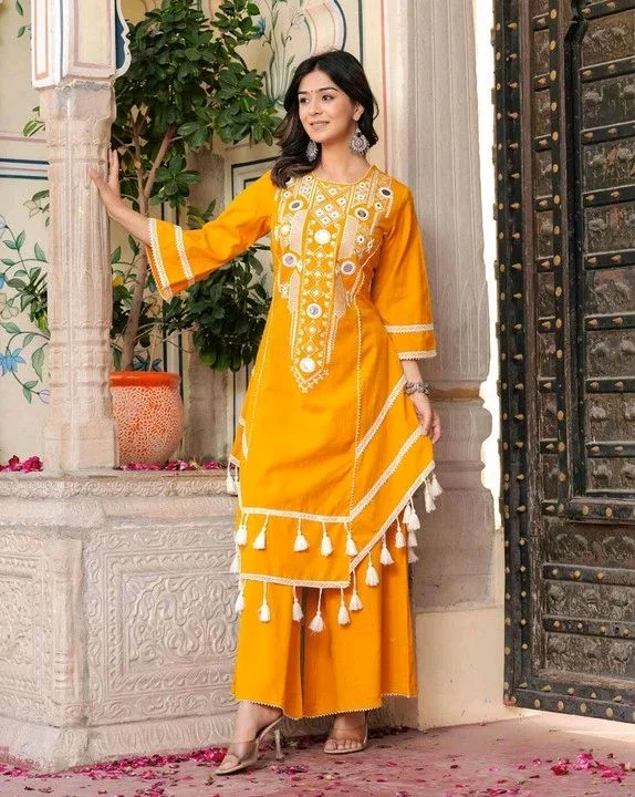 Black Elegant Reyon Cotton Top & Plazo Set with Real Mirror Work and Fancy Lace Latkan
- XL, Yellow