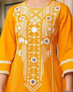 Black Elegant Reyon Cotton Top & Plazo Set with Real Mirror Work and Fancy Lace Latkan
- XL, Yellow