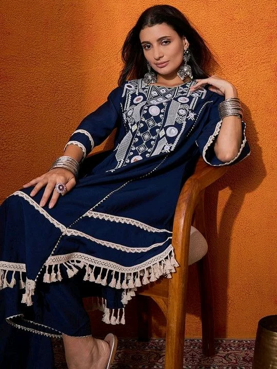 Black Elegant Reyon Cotton Top & Plazo Set with Real Mirror Work and Fancy Lace Latkan
- XL, Blue