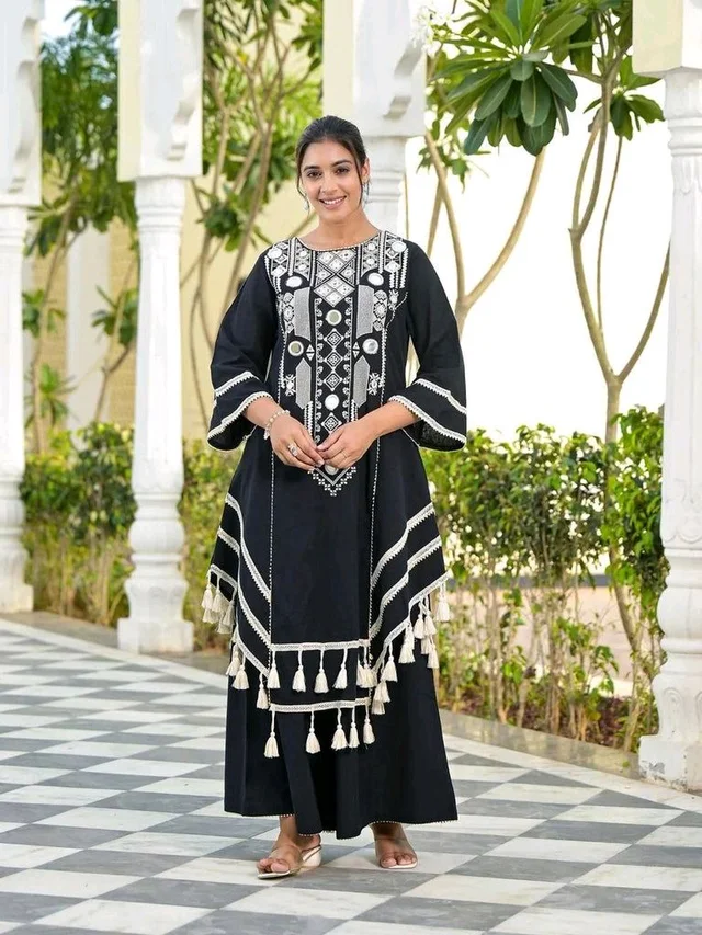 Black Elegant Reyon Cotton Top & Plazo Set with Real Mirror Work and Fancy Lace Latkan
- XXL, Black