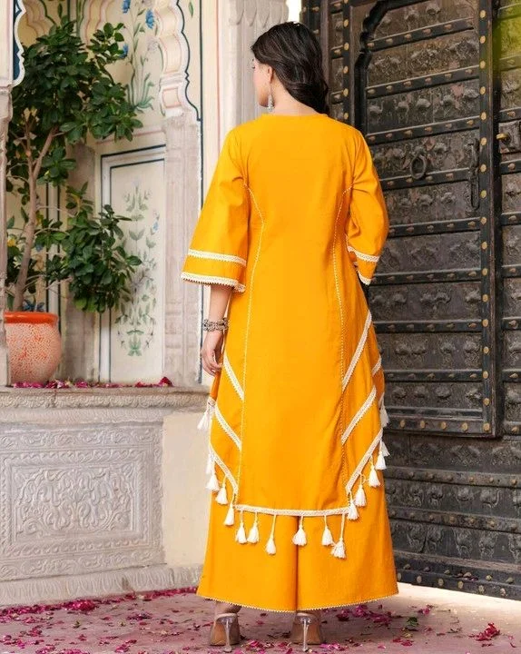 Black Elegant Reyon Cotton Top & Plazo Set with Real Mirror Work and Fancy Lace Latkan
- XXL, Yellow