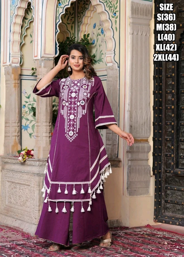 Black Elegant Reyon Cotton Top & Plazo Set with Real Mirror Work and Fancy Lace Latkan
- XXL, Wine