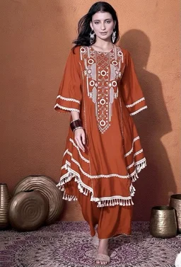 Black Elegant Reyon Cotton Top & Plazo Set with Real Mirror Work and Fancy Lace Latkan
- XXL, Rust