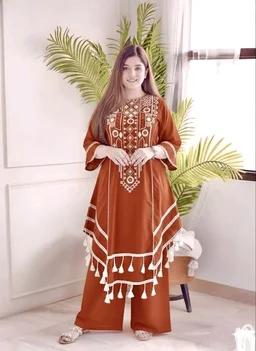 Black Elegant Reyon Cotton Top & Plazo Set with Real Mirror Work and Fancy Lace Latkan
- XXL, Rust