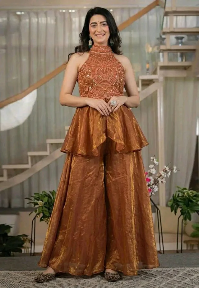 Women Regular Beads and Stones Top with Palazzos - XL, Brown Rust