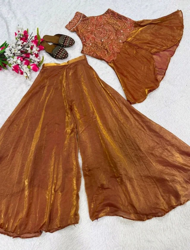 Women Regular Beads and Stones Top with Palazzos - XL, Brown Rust