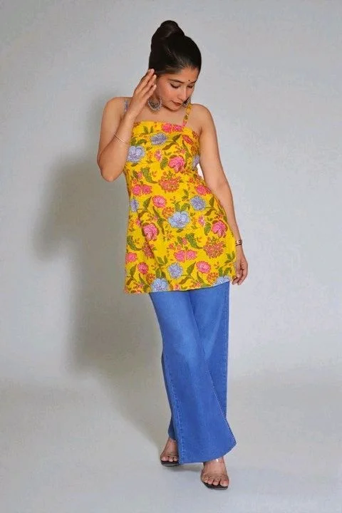 Floral Print Pure Cotton Straight Kurta for Women (Yellow - L, Lemon