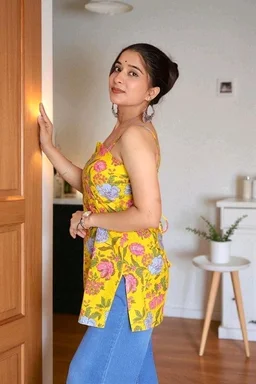 Floral Print Pure Cotton Straight Kurta for Women (Yellow - XL, Lemon