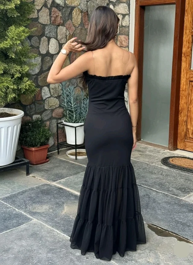 Beautiful Black Bodycon Maxi Dress for Women | Shoulder Strap Sheer Panel Evening Gown | Party & Cocktail Wear - XL, Black