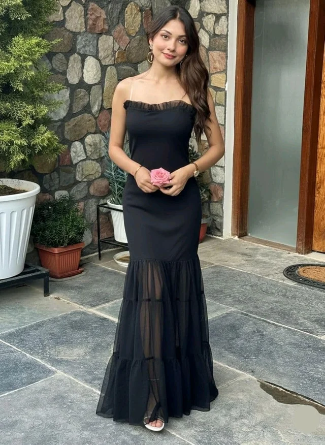 Beautiful Black Bodycon Maxi Dress for Women | Shoulder Strap Sheer Panel Evening Gown | Party & Cocktail Wear - S, Black