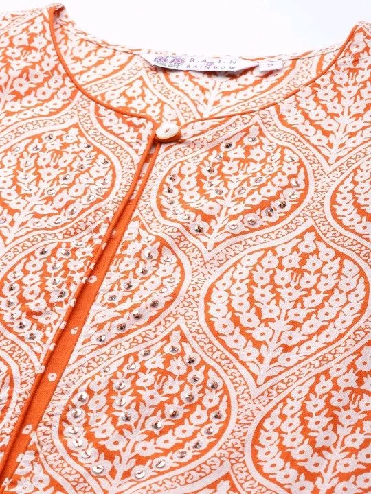 Rain & Rainbow Printed Pure Cotton Straight Kurta for Women (Orange)
- XL, Orange