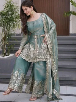 Women’s Fancy Silk Embroidered Kurta Sharara Dupatta Set – Designer Ethnic Peplum Kurti with Palazzo Pants & Organza Dupatta.
- S, Blue Smoke